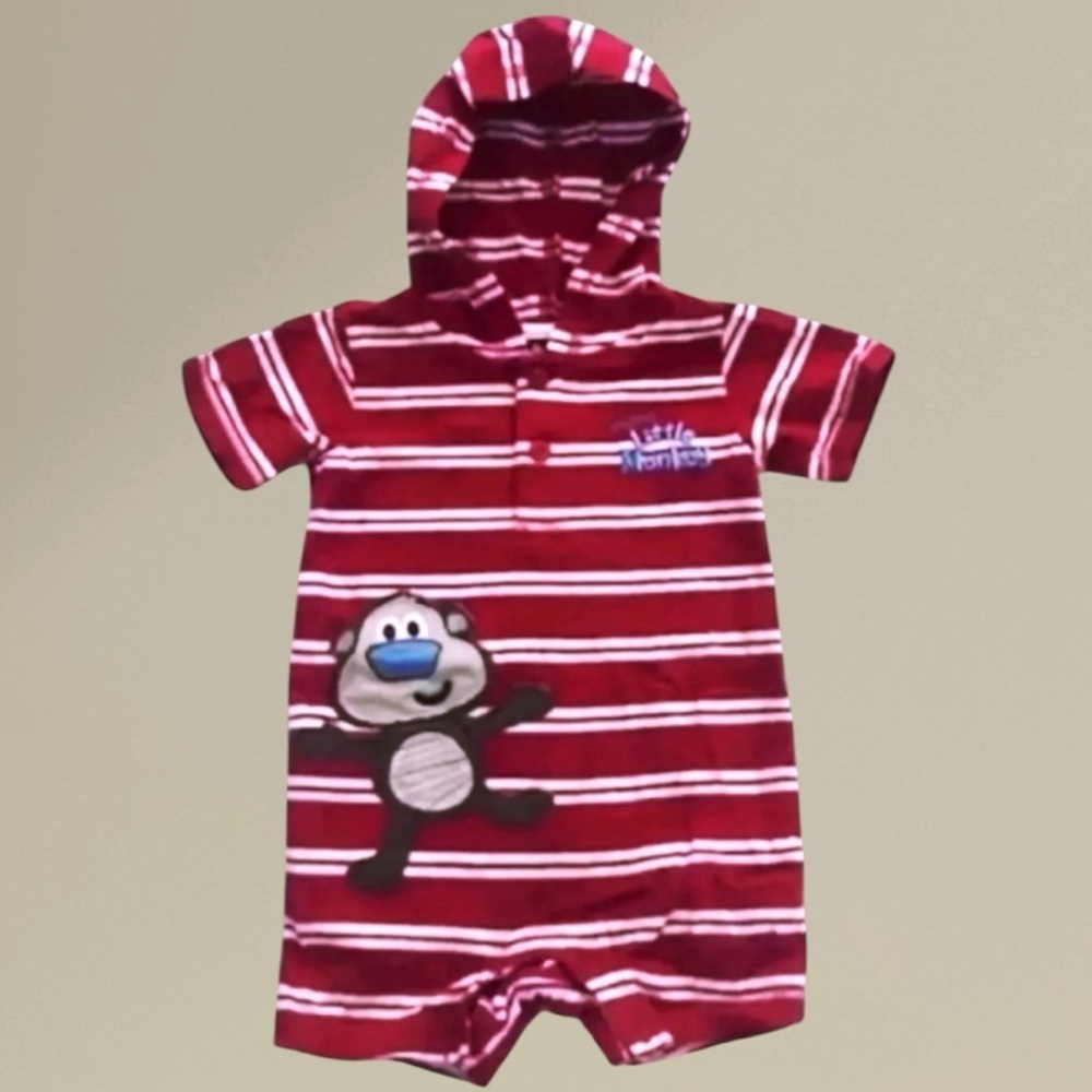 Jumping Beans Boy’s Hooded Striped Romper in Red/White, 9 Months